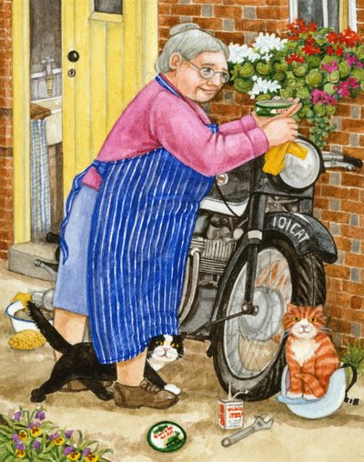 Grandma and 2 cats and motorbike by Linda Benton